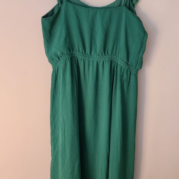 RW&CO Forest Green Summer Dress with Ruffled Neckline, Pompom Trim - Picture 2 of 4
